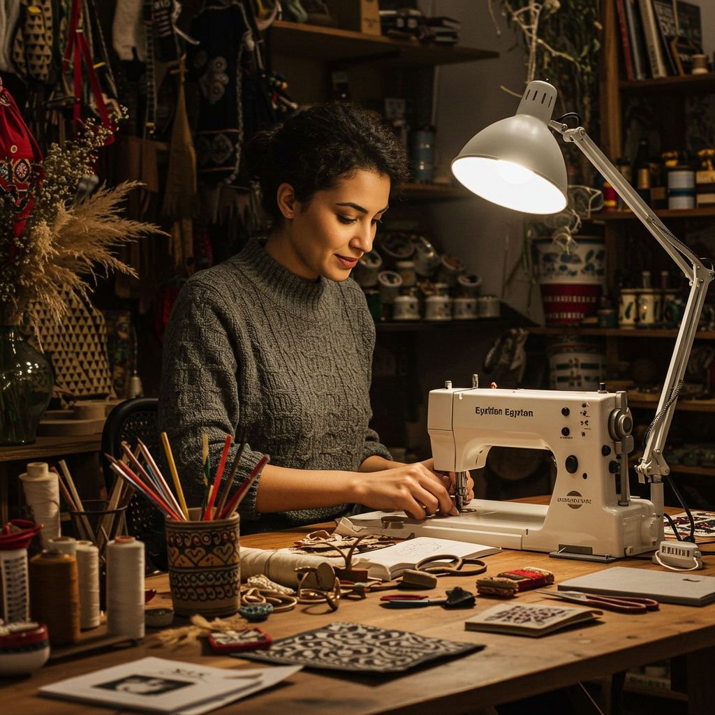 An Egyptian artisan working at a sewing machine in a workshop.
