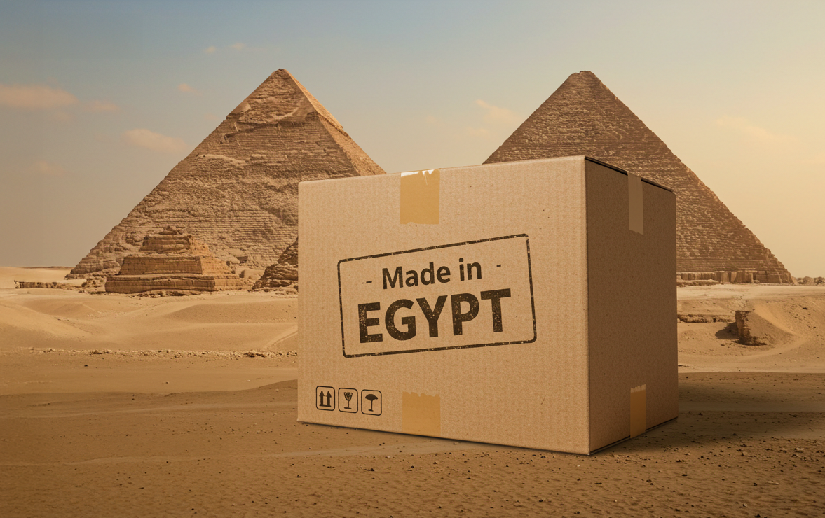 A shipping box with 'Made in Egypt' stamp in front of the pyramids.